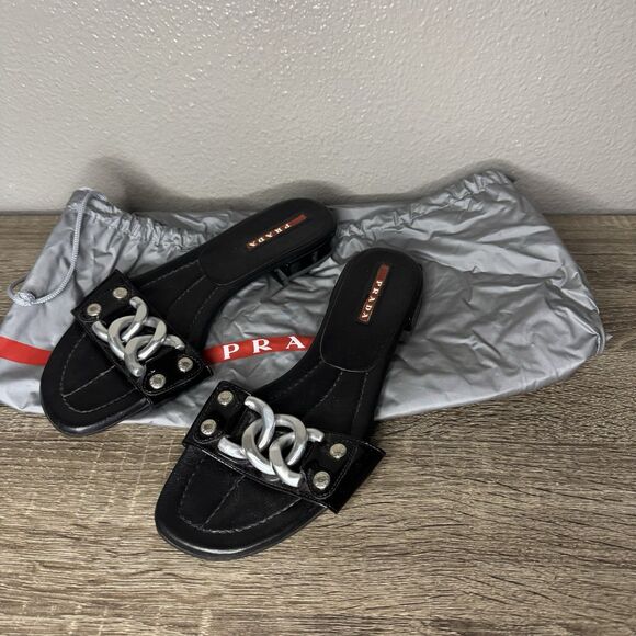 PRADA Slides Sandals Flats Chains Black Patent Leather Size Italy 36 - US 6 - Picture 1 of 9